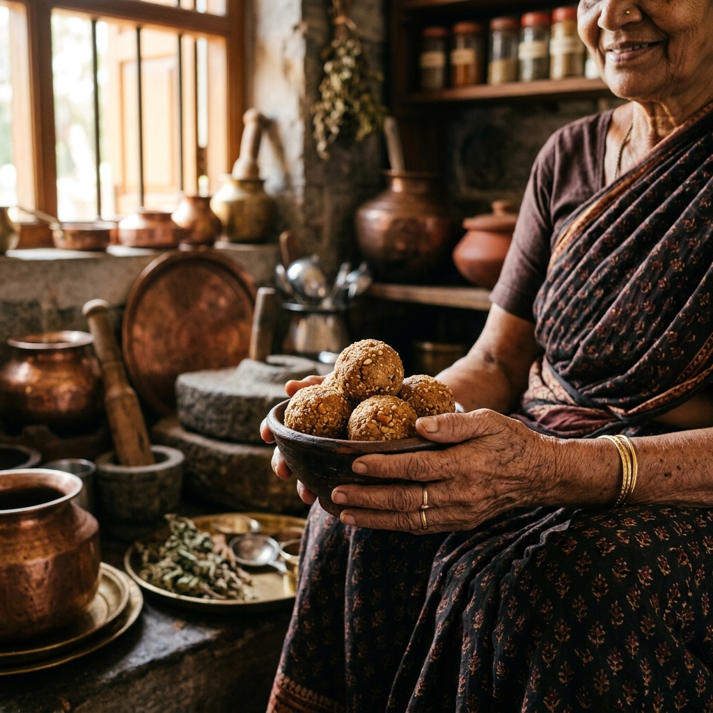 Traditional Indian kitchen portrait holding a bowl of handcrafted millet laddus