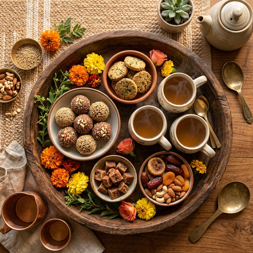 Millet laddus, biscuits, tea, dry fruits and flowers arranged on a large rustic serving tray