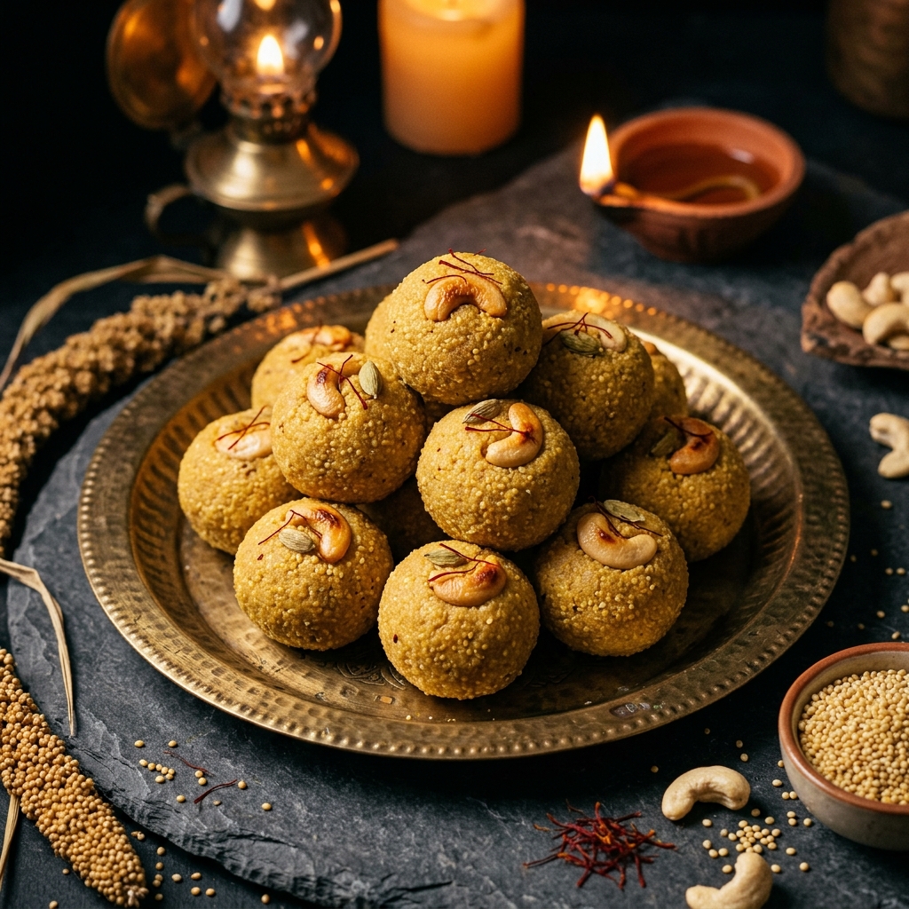 Foxtail millet laddus presented on a brass platter with saffron and cashews