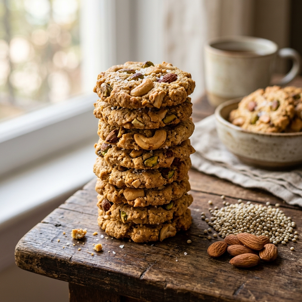 Heritage millet and roasted nut crunch biscuits styled with almonds and cashews
