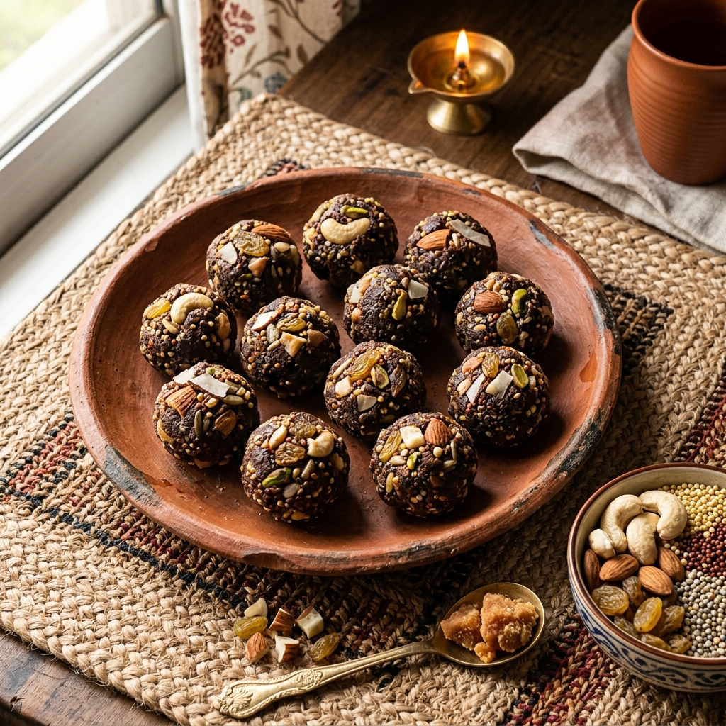 Jaggery dry fruit millet laddus topped with nuts on an earthy clay plate