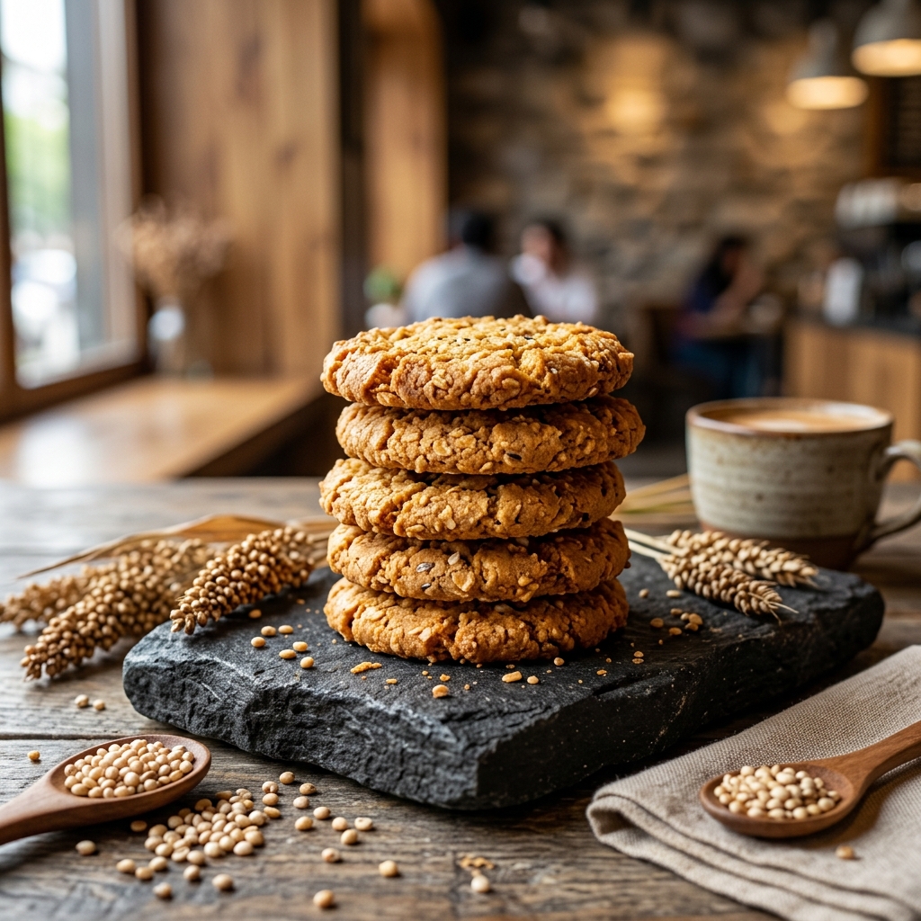 Jowar crunch cookies stacked on a dark serving stone with grains around them