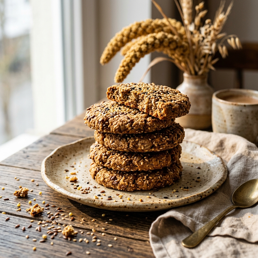 Multi-millet digestive bites served on a ceramic plate beside natural grain bundles