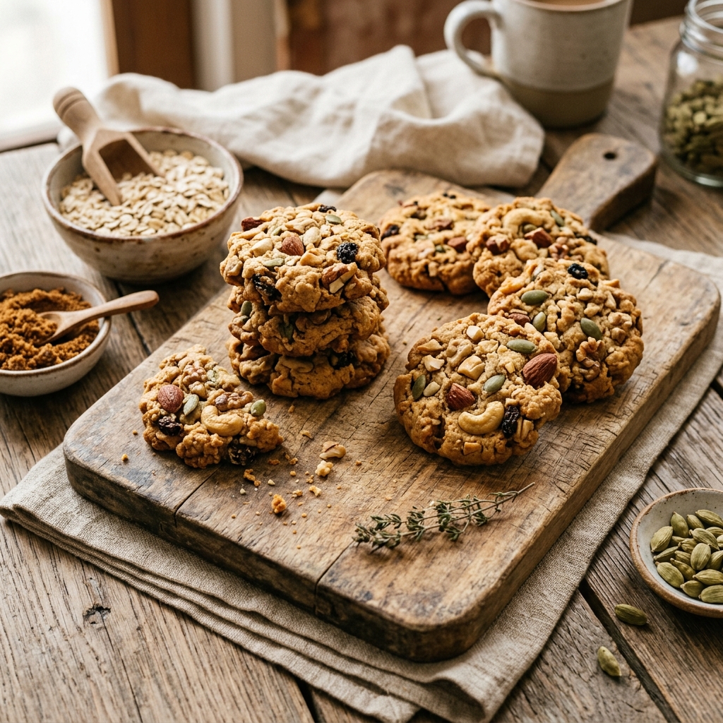 Homemade oat and dry fruit cookies studded with almonds, cashews, pumpkin seeds, walnuts and raisins on a rustic wooden board