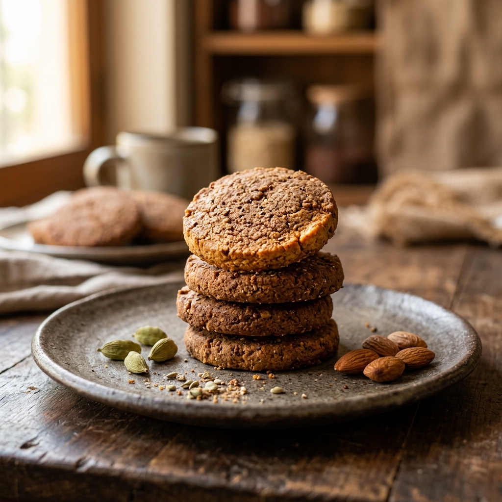 Ragi almond butter biscuits stack dusted lightly and styled on a rustic wooden board