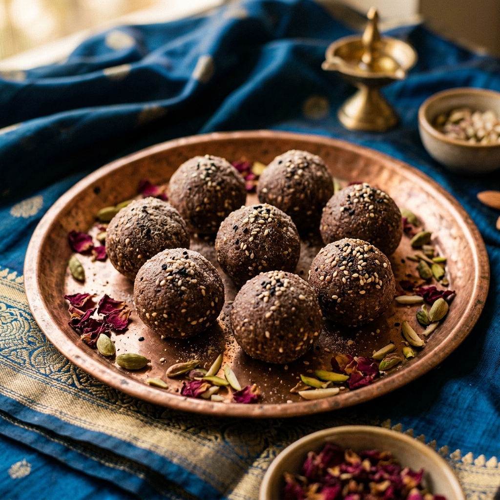 Ragi laddus with seeds and nuts plated on a copper tray with rose petals