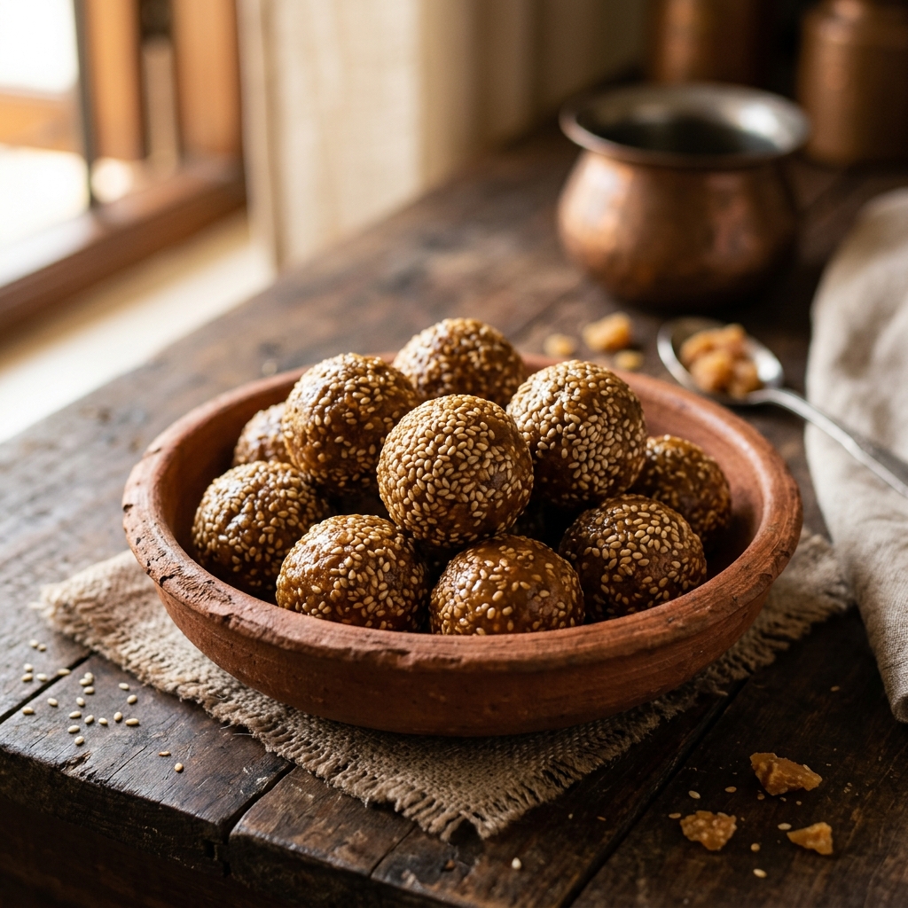 Toasted sesame and golden jaggery laddus arranged on a rustic brass plate