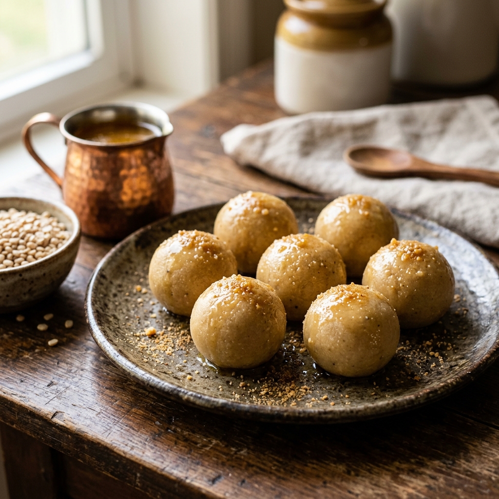 Traditional Urad Dal and Ghee Sunnundalu with pure ghee poured from a copper jug