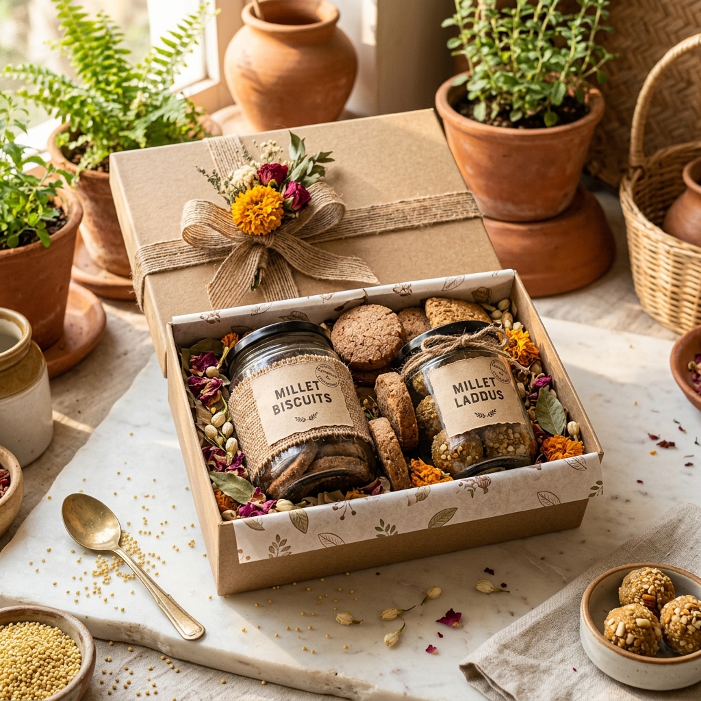 Premium millet gift hamper with biscuits and laddus styled in warm natural light